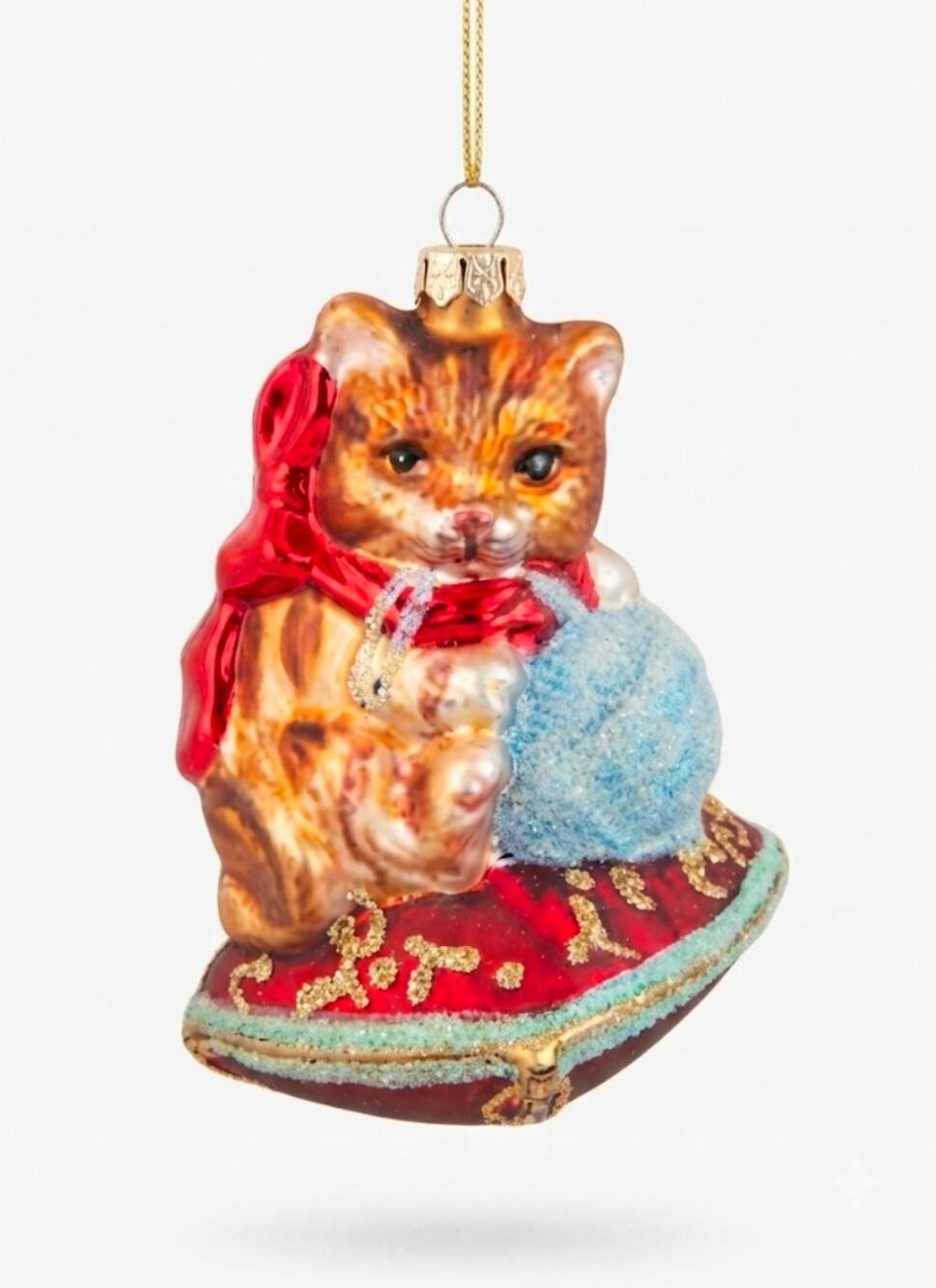 Glass Hand Blown Tabby Cat On Pillow Christmas Tree Ornament